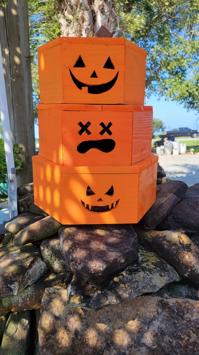 Stack of 3 Wood Face Pumpkins