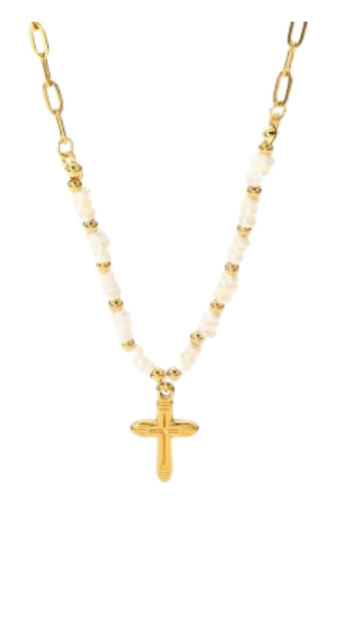 AA Freshwater Pearl Paperclip Cross Necklace