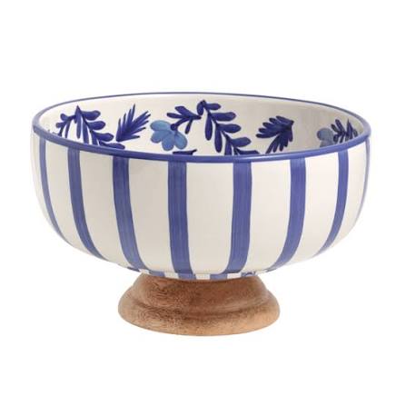 Mudpie Blue and White Bowl With Wood Pedestal