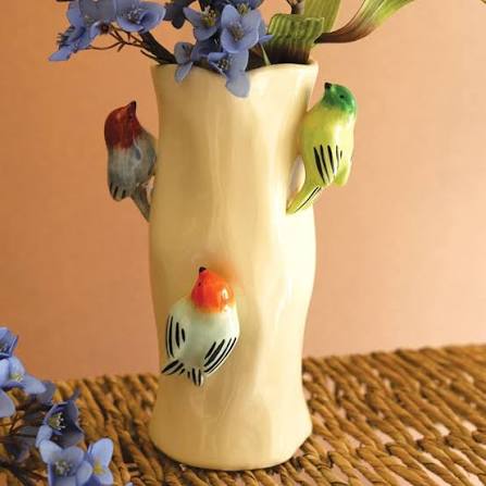 Ceramic Log Vase With Colorful Birds