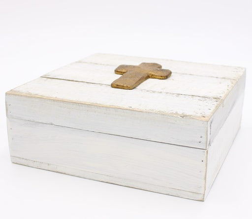 TC Square Wood Box With Gold Cross