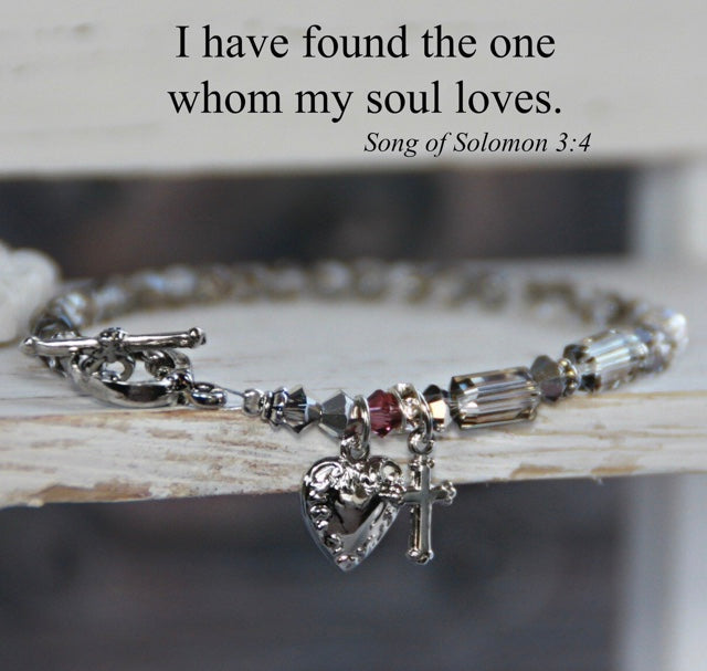 Hematite Crystal Bracelet With Silver Heart And Cross Dangle