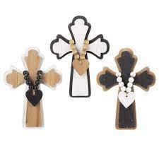 Layered Wood Cross With Beaded Heart