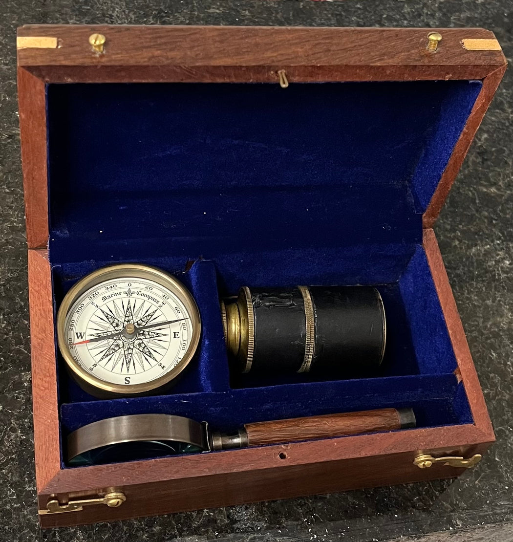 MB Wooden Box With Compass,Telescope and Magnifier Glass