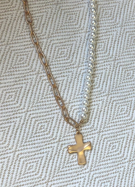 Jane Marie Half Gold And Pearl Necklace With Cross Pendant