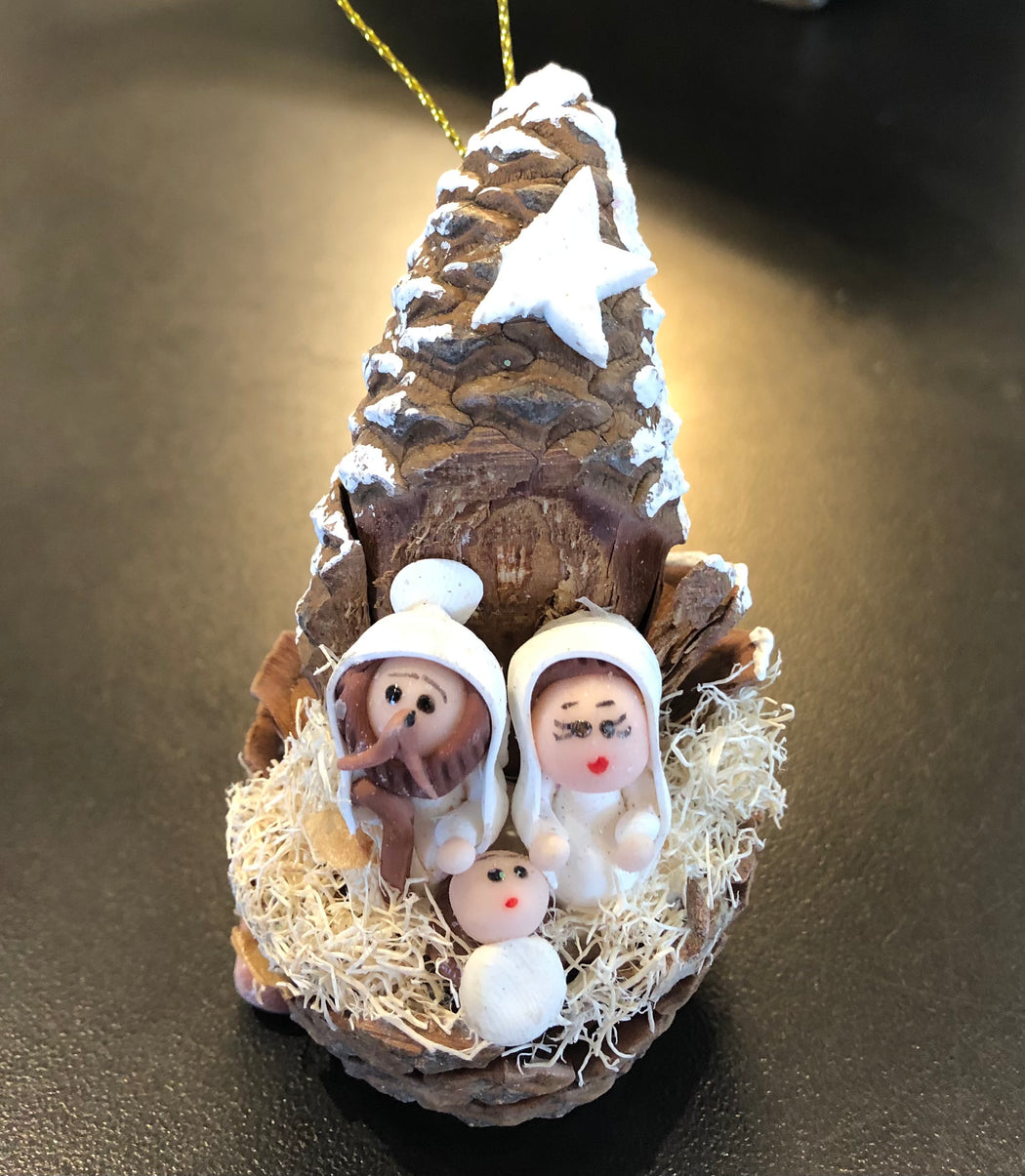 SS Pine Cone With Marzapan Nativity Ornament